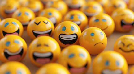 a group of 3d yellow smiley emoji balls, in the style of emotional sensitivity