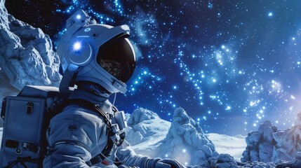 Close-up of an astronaut in a high-tech suit against a backdrop of a star-filled sky and rugged lunar terrain. - obrazy, fototapety, plakaty