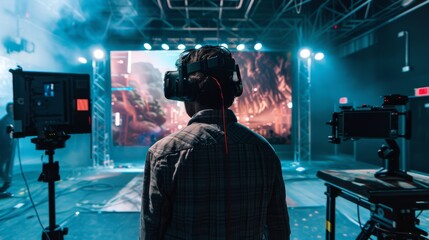 A filmmaker on a production set, overlooking a scene through advanced virtual reality equipment to visualize the shot.