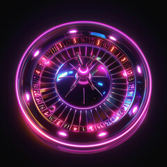 neon casino roulette wheel on high lighted black background, in the style of light purple and dark maroon