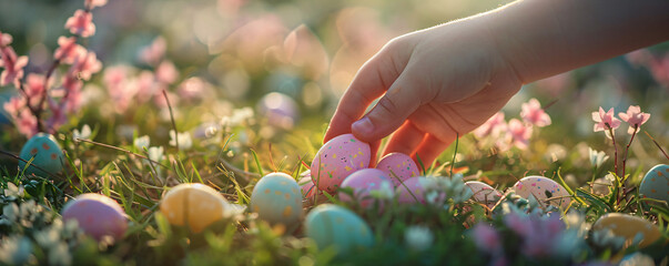 Kid on Easter egg hunt in spring sunny garden. Child play and searching colorful eggs in fresh green grass. Background for card, banner, flyer with copy space