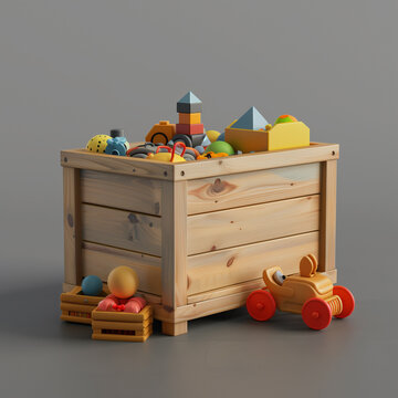 a wooden toy chest full of colorful toys on a grey colored background