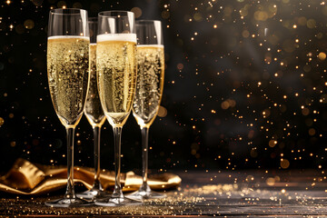 Three glasses filled with champagne placed on a wooden table. The glasses are clear and filled with bubbly champagne, creating a celebratory atmosphere.