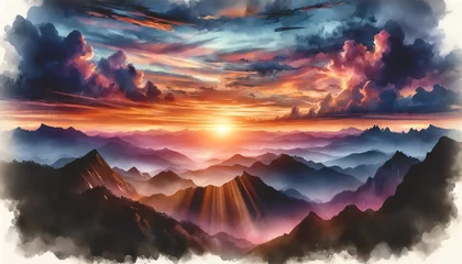 Papier Peint photo Lavable Blue nuit Landscape Watercolor of Majestic Sunset in the Mountains Landscap