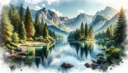 Fototapeta na wymiar Landscape Watercolor of Peaceful Mountain Lake in a National Park