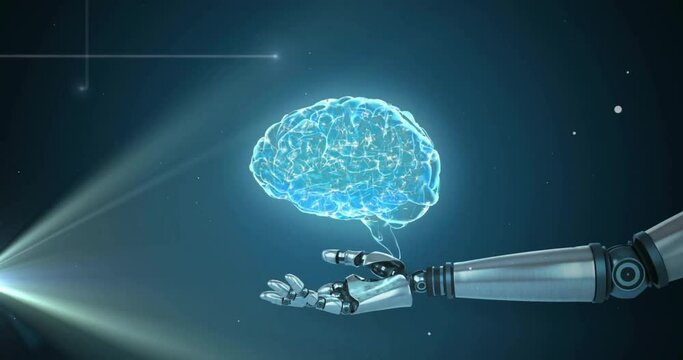 Animation of spinning brain and robotic hand over light spots