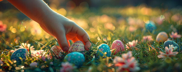 Kid on Easter egg hunt in spring sunny garden. Child play and searching colorful eggs in fresh green grass. Background for card, banner, flyer with copy space - obrazy, fototapety, plakaty