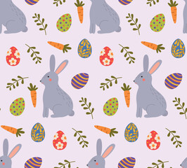 Seamless colorful pattern with a bunny, colored eggs and plants. Vector cartoon backdrop in flat style