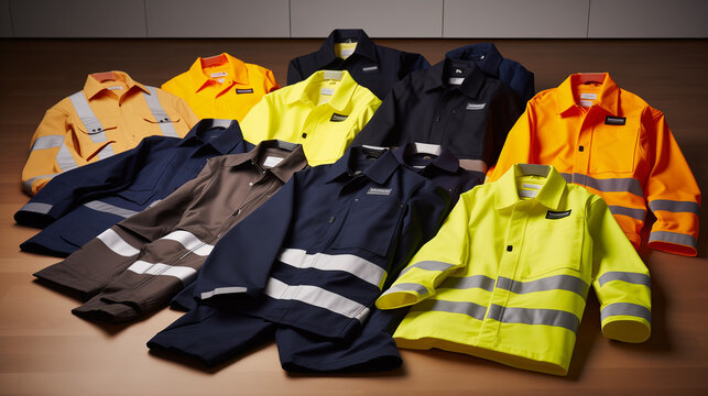collection of workwear clothing. security wests and work jackets
