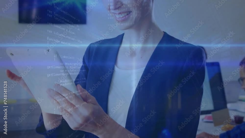 Wall mural Animation of data processing over caucasian businesswoman using tablet