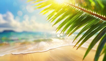 Naklejka premium Blur beautiful nature green palm leaf on tropical beach with bokeh sun light wave abstract background. Copy space of summer vacation and travel concept. 