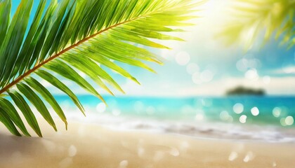 Fototapeta na wymiar Blur beautiful nature green palm leaf on tropical beach with bokeh sun light wave abstract background. Copy space of summer vacation and business travel concept.