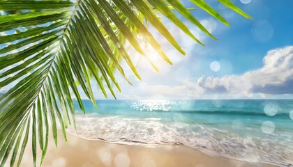Fototapeta na wymiar Blur beautiful nature green palm leaf on tropical beach with bokeh sun light wave abstract background. Copy space of summer vacation and business travel concept. 