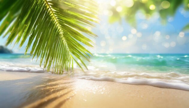 Blur beautiful nature green palm leaf on tropical beach with bokeh sun light wave abstract background. Copy space of summer vacation and business travel concept. (