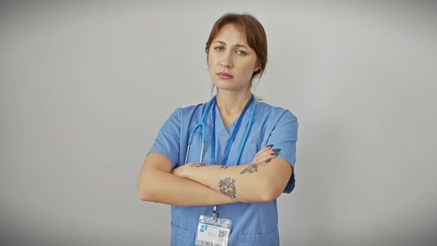 Young caucasian woman wearing stethoscope standing skeptic and nervous, disapproving expression on face with crossed arms. negative person. over isolated white background