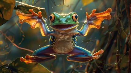 The flying frog looks like it is laughing on a tree. Generative Ai