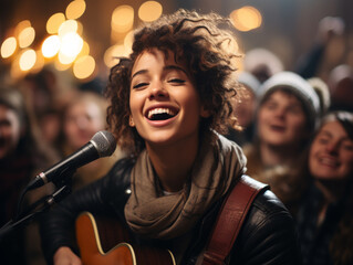 Smiling young female busker playing the acoustic guitar and singing a song for an audience listening behind her