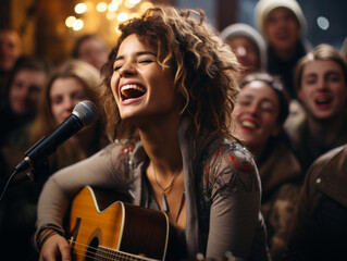 Young female busker singing and playing the acoustic guitar for an audience listening behind her in a bar