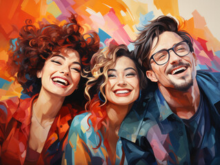 Animated version of a diverse group or male and female friends laughing together against a multi-colored background