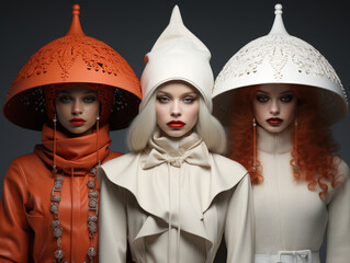 Diverse group of beautiful young women wearing haute couture clothing and hats standing together in front of a gray background