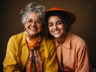 Cheerful senior woman and her adult granddaughter smiling while sitting together in front of a brown studio backdrop
