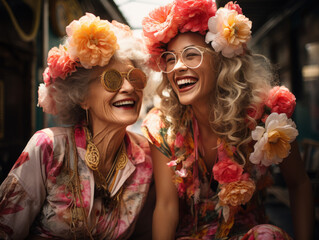 Senior woman and her adult granddaughter wearing novelty glasses and old fashioned floral outfits laughing together outdoors