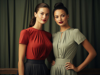 Two attractive young woman in retro style blouses and dresses smiling while standing together in front of a drape
