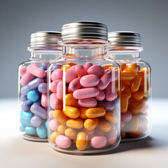 Close-up of three glass jars filled with multi-colored pills or sweets sitting on a table against a gray background