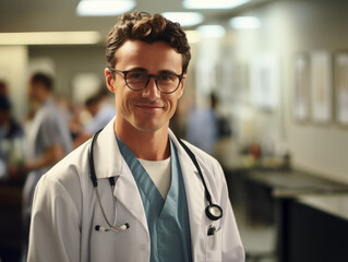 Smiling young male doctor wearing a lab coat and stethoscope around his neck standing in the corridor of a hospital