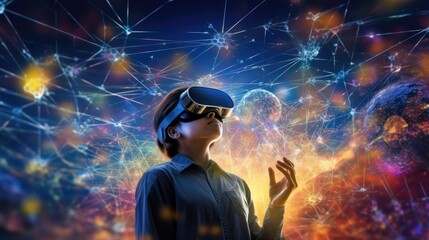 Fototapeta premium Woman Experiencing Disco Ball Virtual Reality World. Immersed in a virtual environment, a woman experiences the dazzle of digital disco balls with VR headgear, symbolizing a festive cyber reality.
