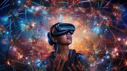 Naklejka premium Individual Engaged in an Immersive VR Experience. A person is deeply engaged with a virtual reality environment, interacting with a vibrant network of digital nodes and glowing connections.