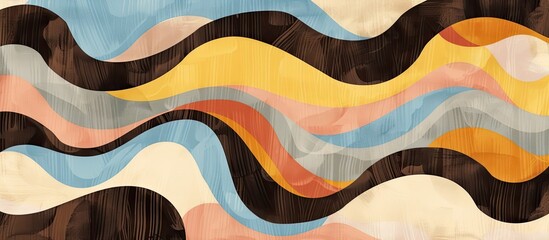 An abstract painting on a brown textile backdrop featuring wavy lines in soft feminine colors like blue, yellow, and azure, inspired by retro designs.