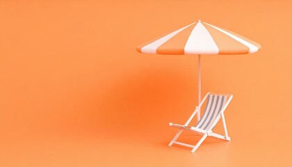 Beach umbrella with chair on orange background. clean and unique 3d concept. minimal style. 