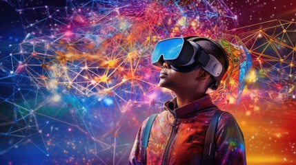 Immersive Virtual Reality Exploration with Digital Nodes. An individual explores a network of glowing digital nodes through VR headgear, symbolizing advanced cyber connectivity and learning.

