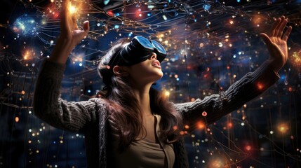 Individual Engaged in an Immersive VR Experience. A person is deeply engaged with a virtual reality environment, interacting with a vibrant network of digital nodes and glowing connections.


