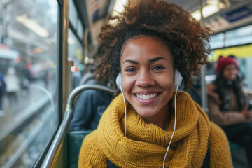Young smiling woman listening music over earphones while commuting by public transport