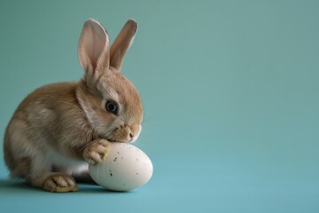 Obraz premium Brown Bunny with Egg on Teal Background