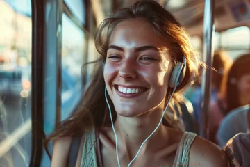 Abwaschbare Fototapete Musikladen Young smiling woman listening music over earphones while commuting by public transport