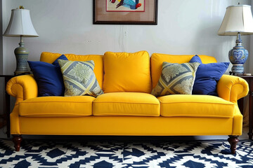 modern living room interior with yellow sofa