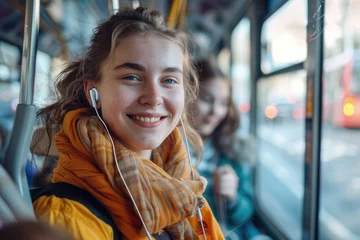 Papier Peint photo Lavable Magasin de musique Young smiling woman listening music over earphones while commuting by public transport