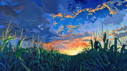 Fototapeta na wymiar view as the Sun sets over a corn field with blue sky and clouds.Generative AI