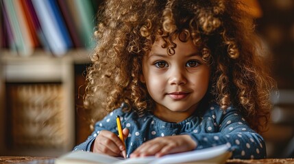 Cute little curly haired dark skinned girl, child, joyfully writing or drawing with a pen in a notebook while seated at a desk