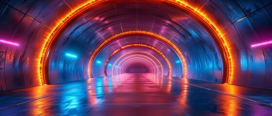 An enchanting 3D rendered sci-fi tunnel style path with glowing neon lights leading towards a radiant shine