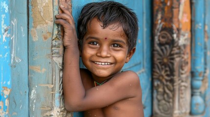 October 19th, 2017 - Agra, India : Portrait of an Indian poor kid smiling