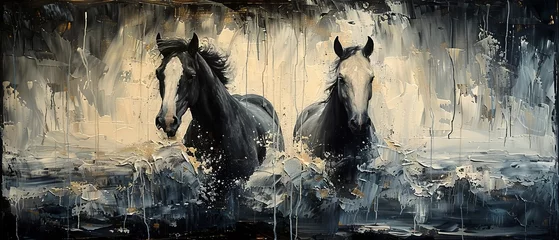 Gardinen Abstract painting with metal elements, texture background, animals, horses, etc. © Zaleman
