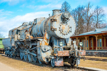 Fototapeta na wymiar Abandoned steam locomotive. Haapsalu, Estonia