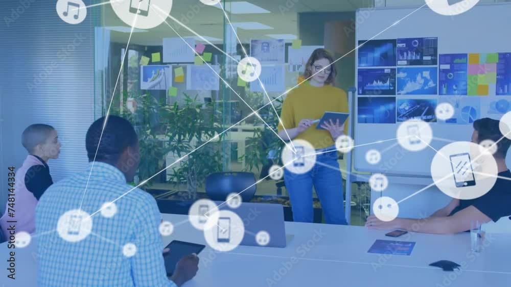 Sticker Animation of network of connections with icons over diverse colleagues discussing work