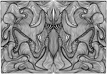 Symmetrical black and white hippie trippy abstract psychedelic coloring page for adults. Monochrome waves texture.