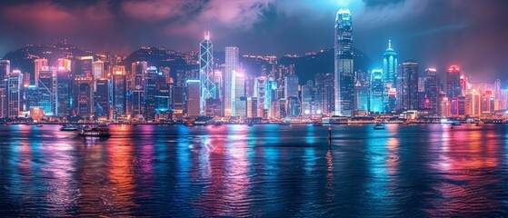Connectivity and smart network concept, Hong Kong digital city background at night in Victoria Harbour, Cyberpunk color style, panorama view