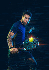 Padel tennis player. Padel open tour. Man athlete with paddle tenis racket and ball on blue background. Sport concept. Download a high quality photo for sports ads at social media stories or shorts. - 748144769